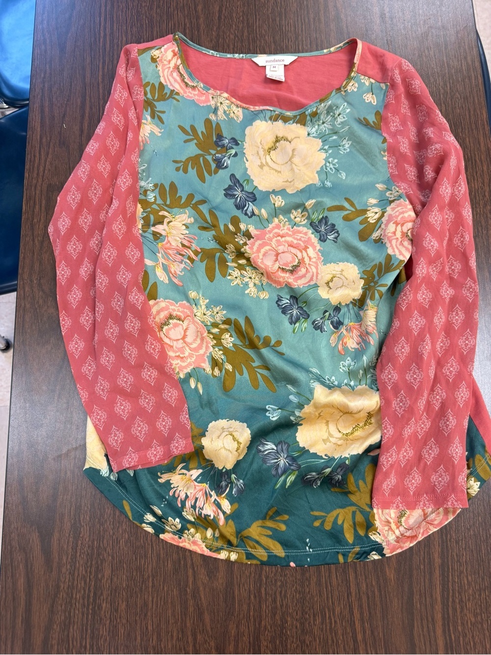 Sundance Teal Floral Raglan Long Sleeve Top with Coral Sleeves
